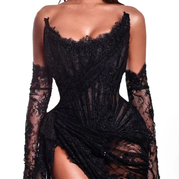 Dresses | Stunning Black Formal Dresses Strapless Lace Design W Long Sleeve  Gloves | Poshmark